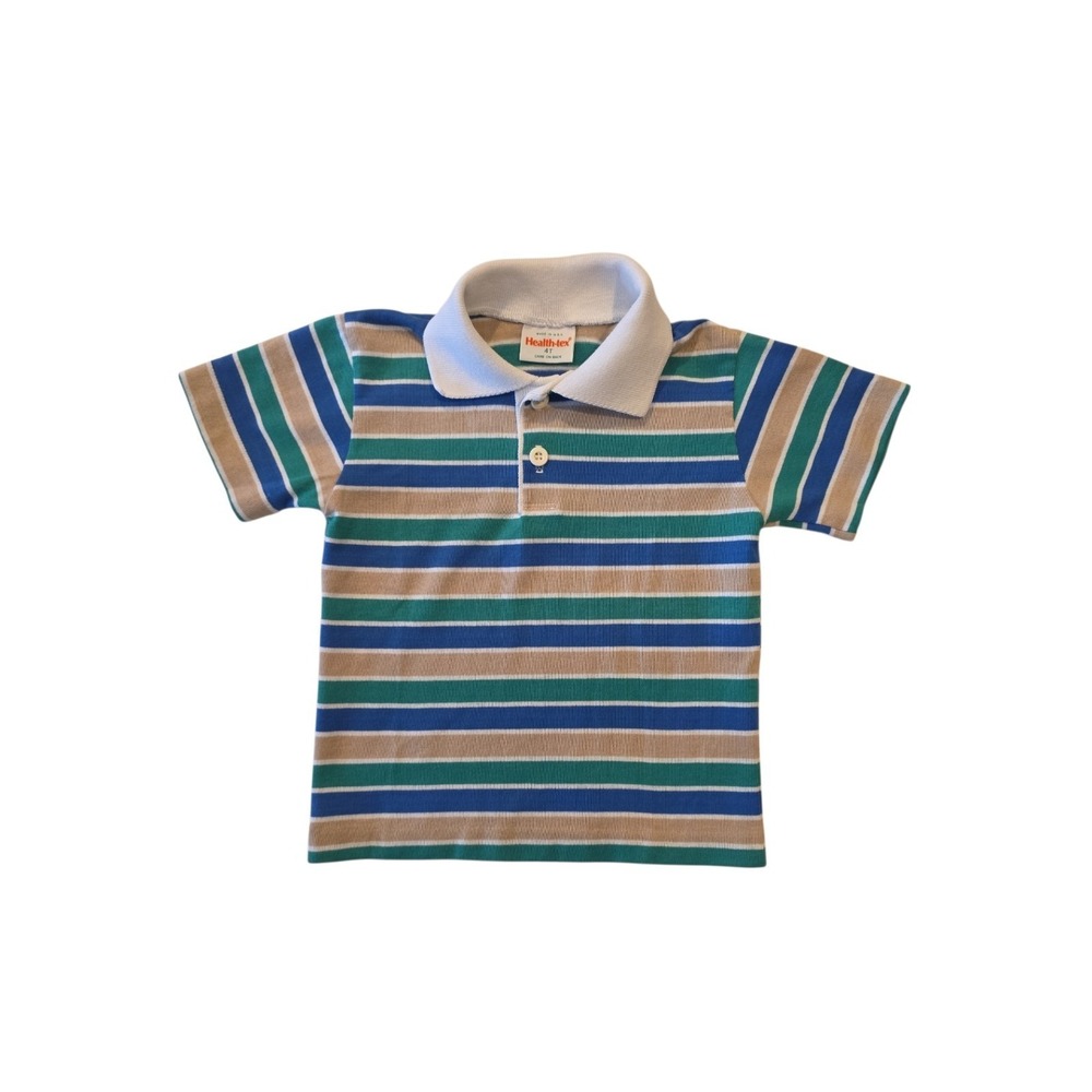 Vintage Health-Tex 4T Toddler Polo Shirt USA Blue Green Tan Striped 80s